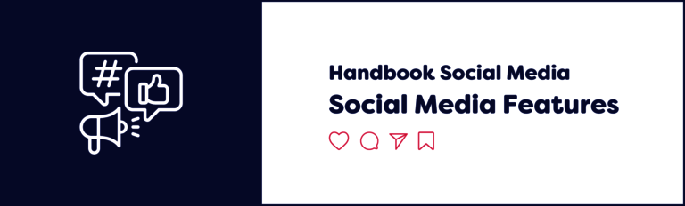 Symbol eines Megafons und Sprechblasen mit Hashtag und Gefällt mir Symbol, daneben der Schriftzug "Handbook Social Media: Social Media Features"