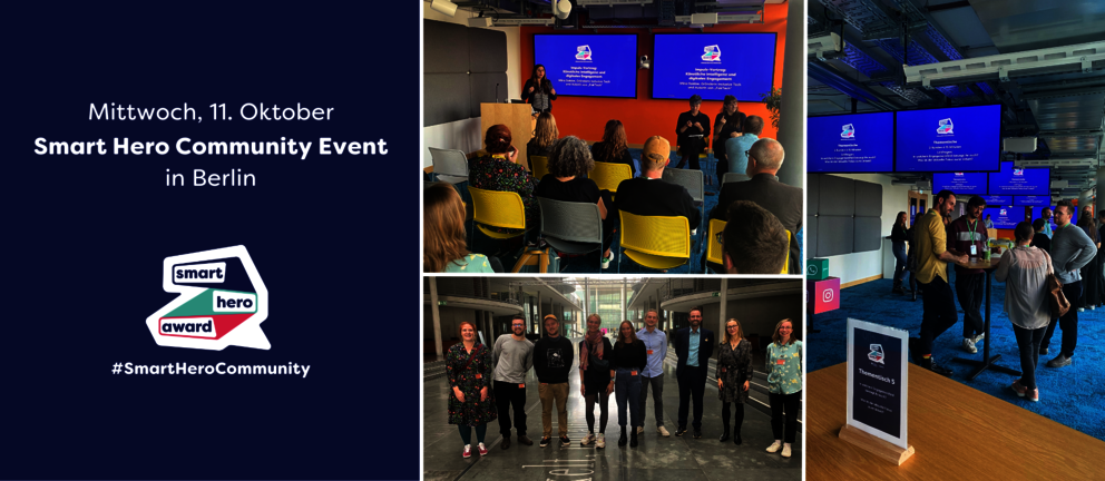 Collage; links Aufschrift "Mittwoch, 11. Oktober, Smart Hero Community Event in Berlin", rechts davon Fotos, ein Gruppenbild mit Nyke Slawik im Deutschen Bundestag, ein Bild von Projektvertreter*innen an Stehtischen beim Austausch, ein Bild von Mina Saidze beim Vortrag