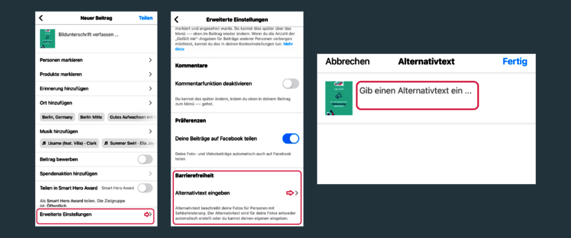 Screenshot Alternativtext-Funktion bei Instagram