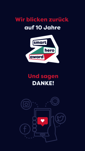Banner mit der Aufschrift "Wir blicken zurück auf 10 Jahre Smart Hero Award und sagen Danke"