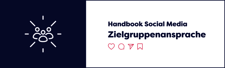 Symbol einer dreiköpfigen Gruppe und Aufschrift "Social Media Handbook: Zielgruppenansprache"