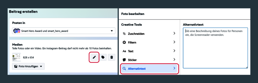 Screenshot der Alternativtext-Funktion in der Meta Business Suite
